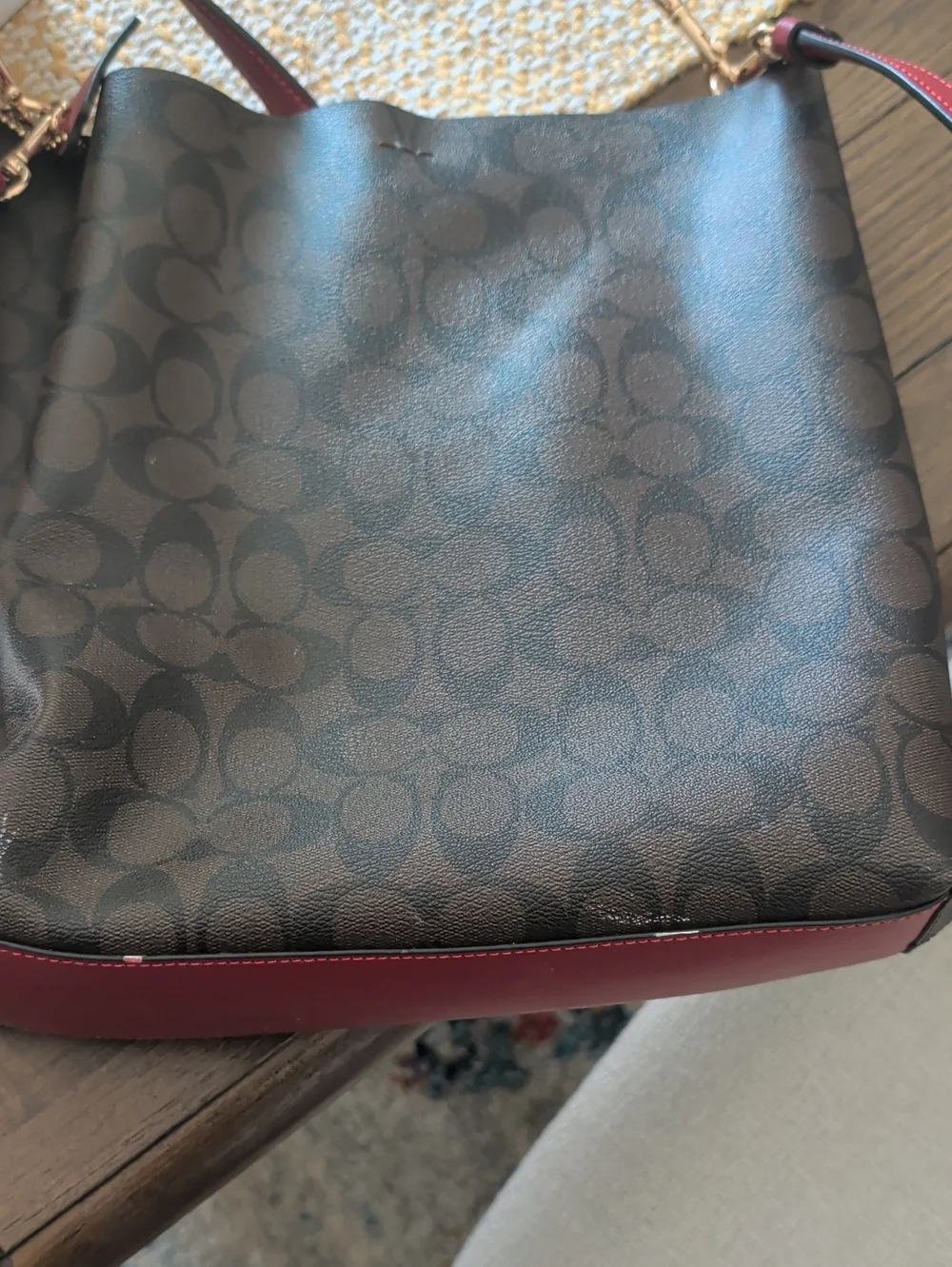 Coach Brown Signature Shoulder Bag with Red Strap